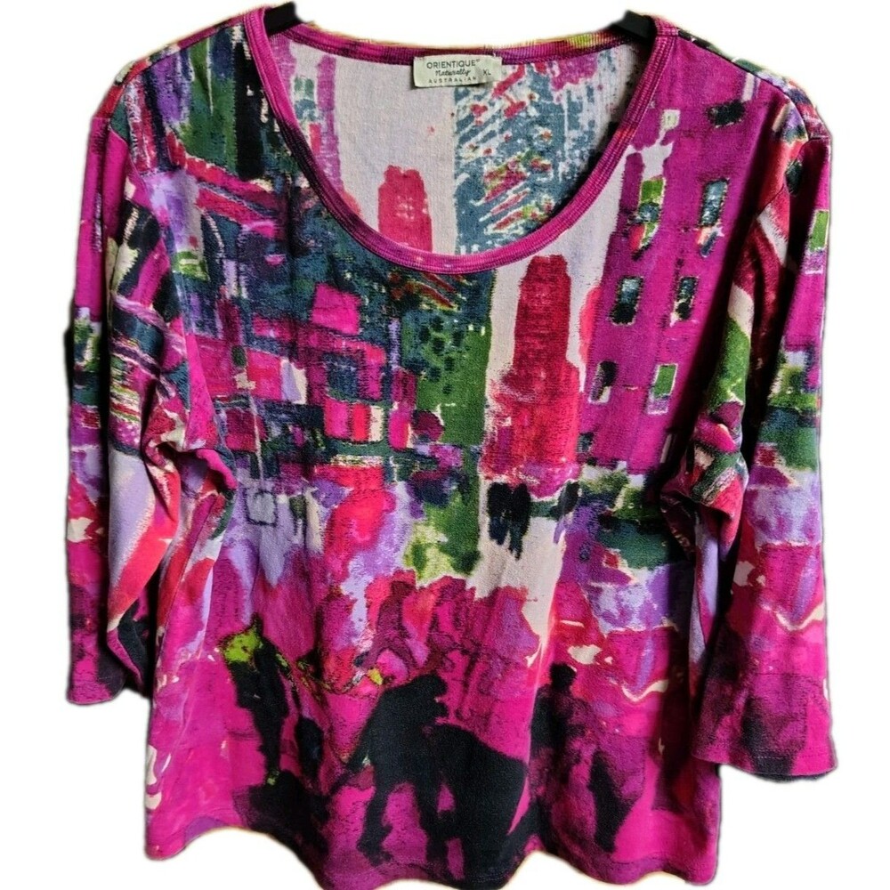 Orientique Naturally Austrailian Blouse Art City Size XL 3/4 Sleeve Cotton - Picture 2 of 7